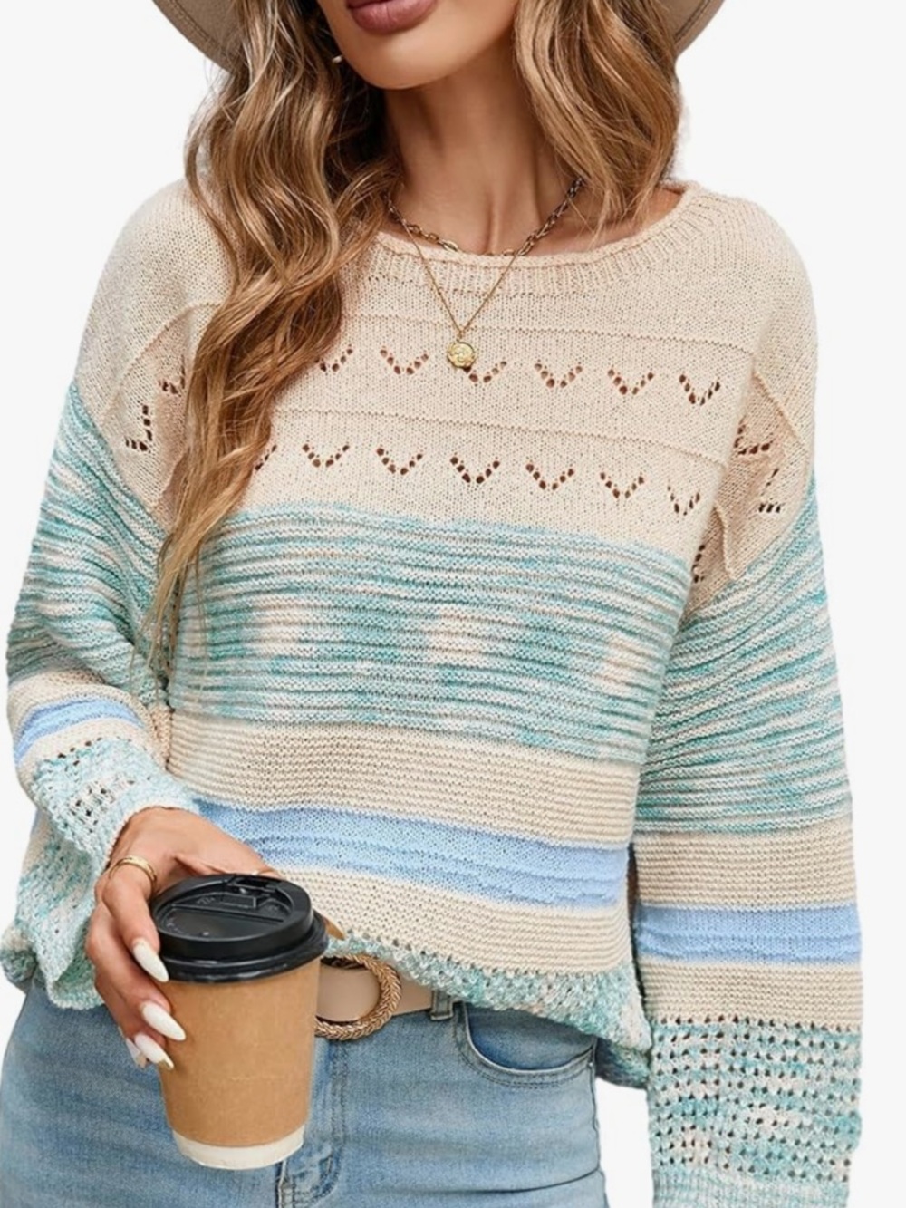 Women's Cream & Aqua Striped Knit Sweater
